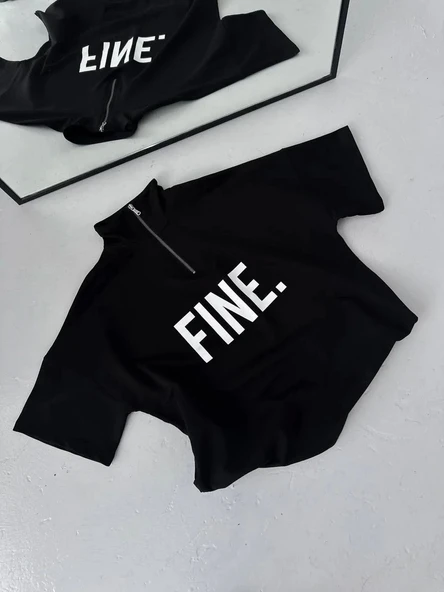 Unisex Baskılı Yarım Fermuarlı T-Shirt - Siyah - Resim 4