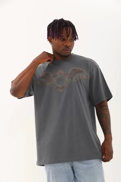 Unisex Oversize Taşlı Bisiklet Yaka T-Shirt - Füme - Resim 4