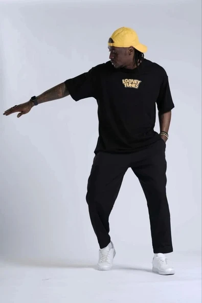 Unisex Bisiklet Yaka Baskılı Oversize T-Shirt - Siyah ürün görseli