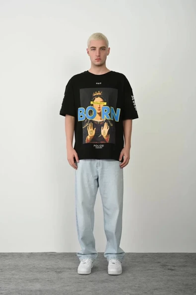 Unisex Baskılı Bisiklet Yaka Oversize T-Shirt - Siyah - Resim 3