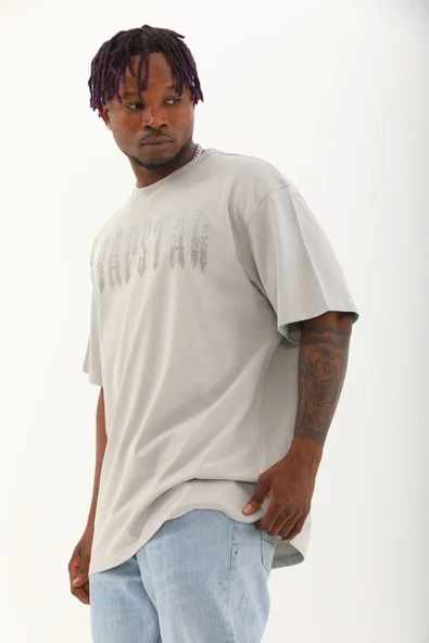 Unisex Oversize Taşlı Bisiklet Yaka T-Shirt - Gri - Resim 3