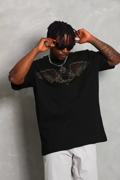 Unisex Oversize Taşlı Bisiklet Yaka T-Shirt - Siyah - Resim 3