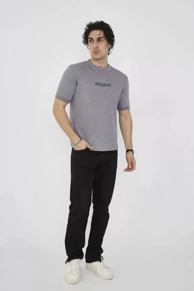 Unisex Bisiklet Yaka Slim fit T-Shirt- Gri - 5