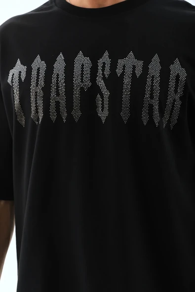 Unisex Oversize Taşlı Bisiklet Yaka T-Shirt - Siyah - Resim 3