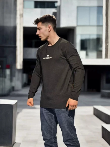 Unisex Bisiklet Yaka Uzun Kollu T-Shirt - Siyah - 2