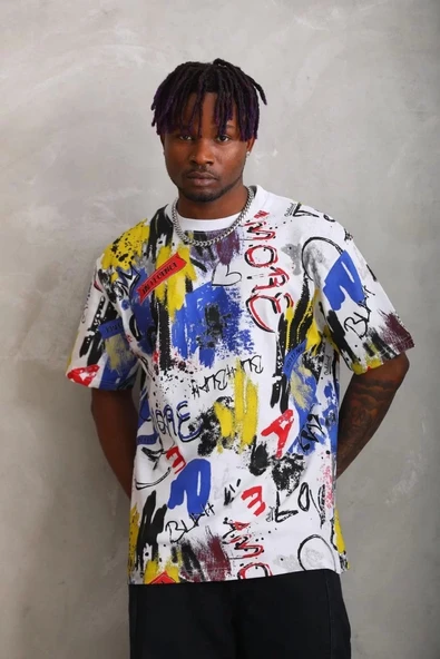 Unisex Oversize Baskılı Bisiklet Yaka T-Shirt - Beyaz - Resim 6