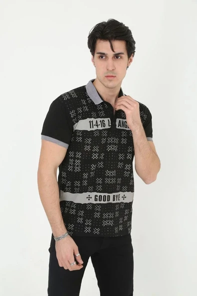 Erkek Yakalı Slim Fit Baskılı T-Shirt - Siyah ürün görseli