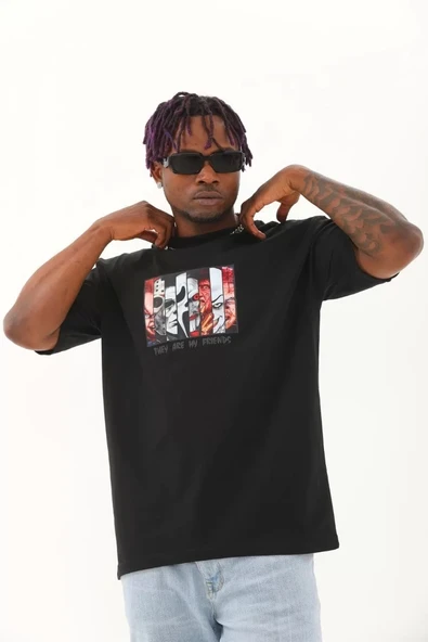 Unisex Oversize Baskılı Bisiklet Yaka T-Shirt - Siyah - Resim 2