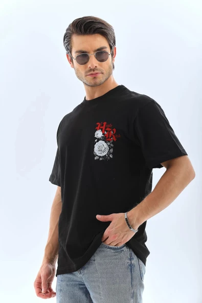 Unisex Oversize Baskılı Bisiklet Yaka T-Shirt - Siyah - Resim 6