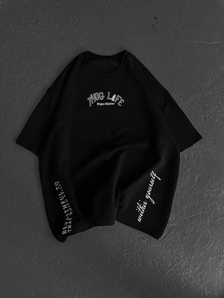 Unisex Baskılı Oversize T-Shirt - Siyah - Resim 5