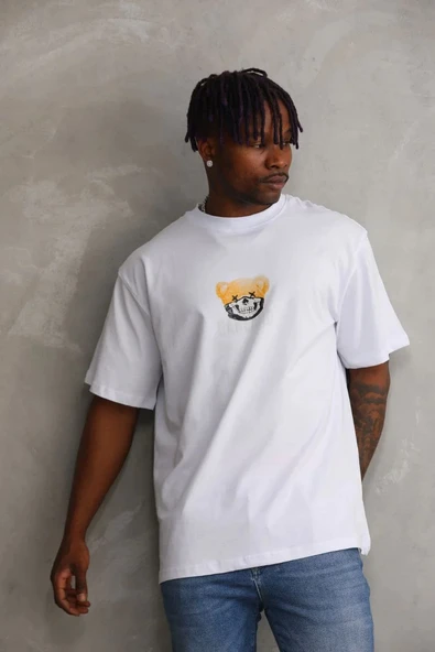 Unisex Baskılı Oversize T-Shirt - Beyaz ürün görseli