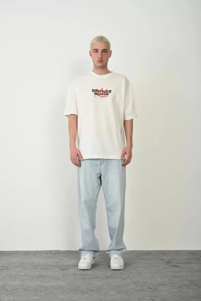 Unisex Baskılı Bisiklet Yaka Oversize T-Shirt - Beyaz ürün görseli