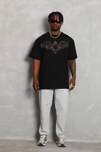 Unisex Oversize Taşlı Bisiklet Yaka T-Shirt - Siyah - Resim 5