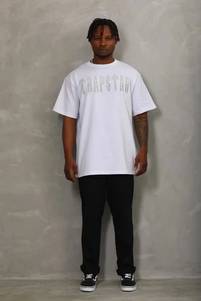 Unisex Oversize Taşlı Bisiklet Yaka T-Shirt - Beyaz - Resim 5