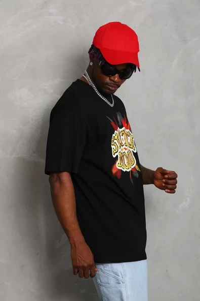 Unisex Oversize Baskılı Bisiklet Yaka T-Shirt - Siyah - Resim 5