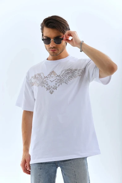 Unisex Oversize Taşlı Bisiklet Yaka T-Shirt - Beyaz - Resim 5