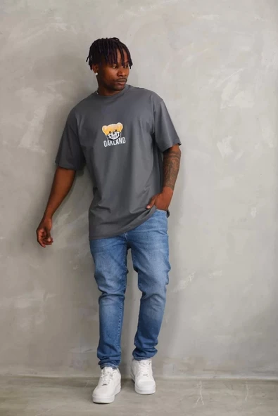 Unisex Baskılı Oversize T-Shirt - Füme - Resim 3