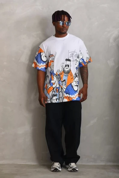 Unisex Oversize Baskılı Bisiklet Yaka T-Shirt - Beyaz ürün görseli