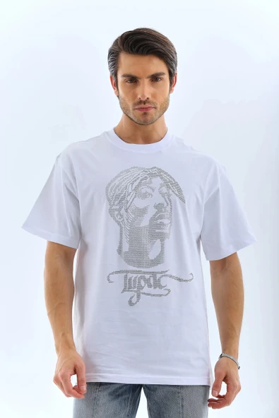 Unisex Oversize Taşlı Bisiklet Yaka T-Shirt - Beyaz ürün görseli