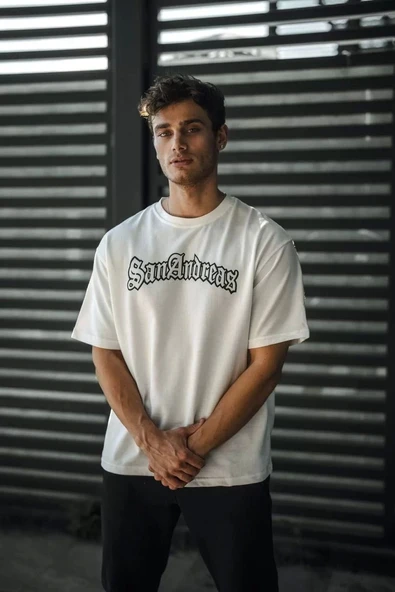 Unisex Bisiklet Yaka Baskılı Oversize T-Shirt - Beyaz ürün görseli