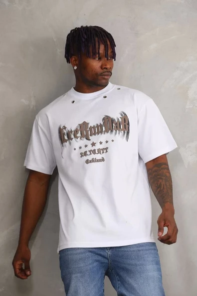 Unisex Kuşgözü Detaylı Baskılı Oversize T-Shirt - Beyaz - Resim 7