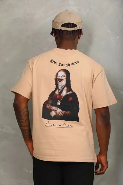 Unisex Oversize Baskılı Bisiklet Yaka T-Shirt - Bej - Resim 5