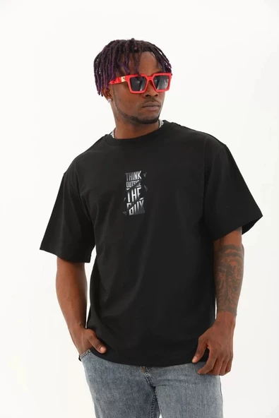 Unisex Oversize Baskılı Bisiklet Yaka T-Shirt - Siyah ürün görseli