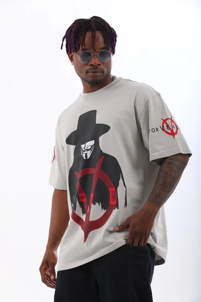 Unisex Oversize Baskılı Bisiklet Yaka T-Shirt - Gri - Resim 3