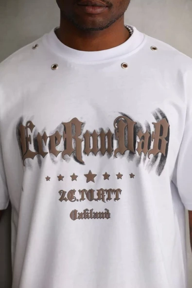 Unisex Kuşgözü Detaylı Baskılı Oversize T-Shirt - Beyaz ürün görseli