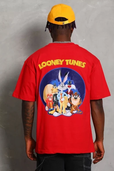 Unisex Oversize Baskılı Bisiklet Yaka T-Shirt - Kırmızı - Resim 5