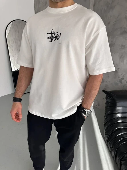 Unisex Bisiklet Yaka Baskılı Oversize T-Shirt - Beyaz ürün görseli