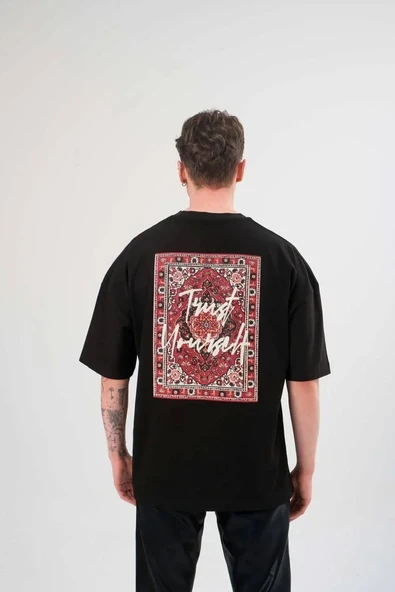 Unisex Bisiklet Yaka Baskılı Oversize T-Shirt - Siyah - 2