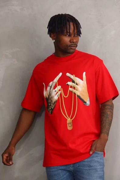 Unisex Baskılı Oversize T-Shirt - Kırmızı - Resim 5