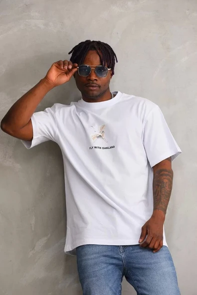 Unisex Baskılı Oversize T-Shirt - Beyaz - Resim 4