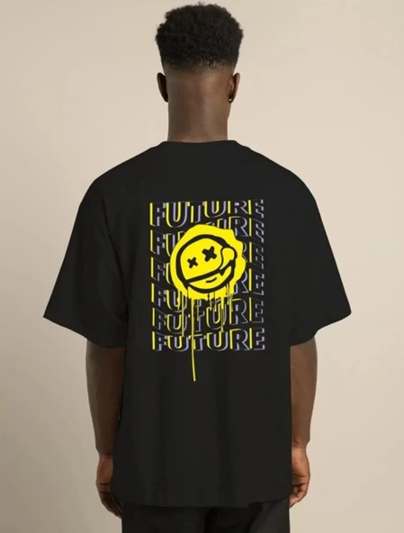 Unisex Bisiklet Yaka Baskılı Oversize T-Shirt - Siyah - Resim 4