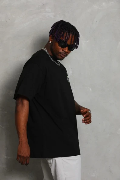 Unisex Oversize Baskılı Bisiklet Yaka T-Shirt - Siyah - Resim 3