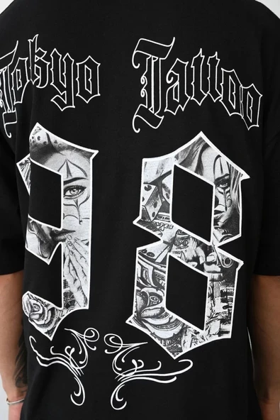 Unisex Baskılı Oversize T-Shirt - Siyah - Resim 4