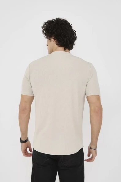 Unisex Bisiklet Yaka Slim fit T-Shirt- Bej - Resim 7