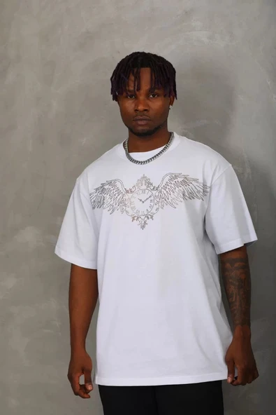 Unisex Oversize Taşlı Bisiklet Yaka T-Shirt - Beyaz - Resim 5