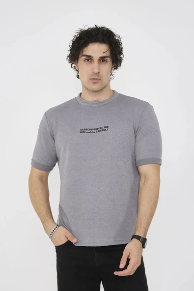 Unisex Bisiklet Yaka Slim fit T-Shirt- Gri - 1