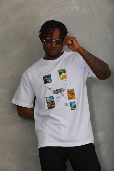Unisex Oversize Baskılı Bisiklet Yaka T-Shirt - Beyaz - Resim 3