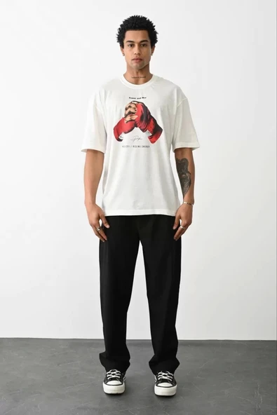 Unisex Baskılı Oversize T-Shirt - Beyaz - Resim 3