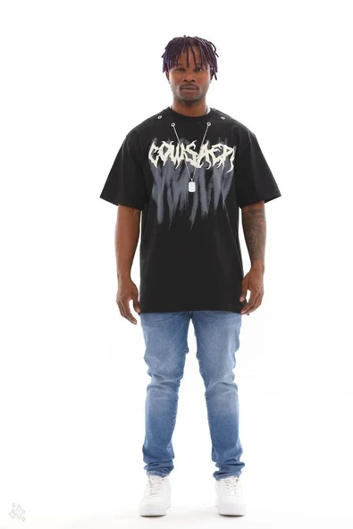 Unisex Oversize Kolye Dahil T-Shirt - Siyah - 8