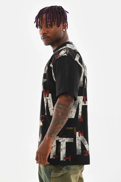 Unisex Baskılı Oversize T-Shirt - Siyah - Resim 5