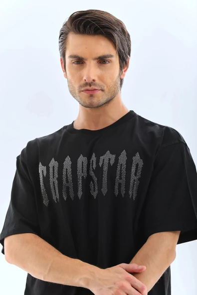 Unisex Oversize Taşlı Bisiklet Yaka T-Shirt - Siyah - Resim 8