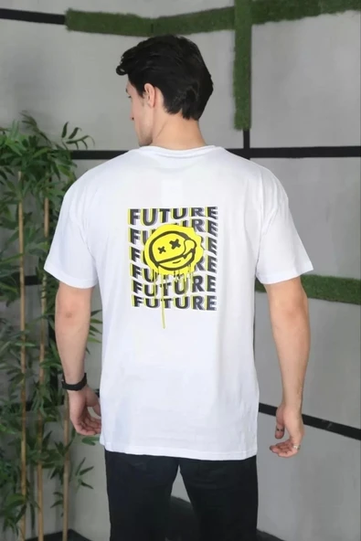 Unisex Bisiklet Yaka Baskılı Oversize T-Shirt - Beyaz - Resim 4