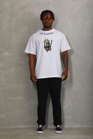 Unisex Oversize Baskılı Bisiklet Yaka T-Shirt - Beyaz - 4