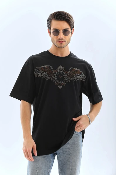 Unisex Oversize Taşlı Bisiklet Yaka T-Shirt - Siyah - Resim 8