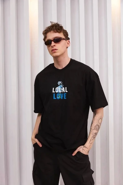 Unisex Bisiklet Yaka Baskılı Oversize T-Shirt - Siyah ürün görseli