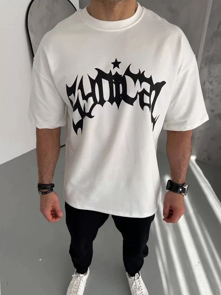 Unisex Bisiklet Yaka Baskılı Oversize T-Shirt - Beyaz ürün görseli